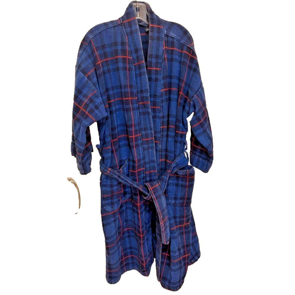 Vintage Puritan Thick Terry Robe Navy Red Tartan Plaid Cozy Belted One Size